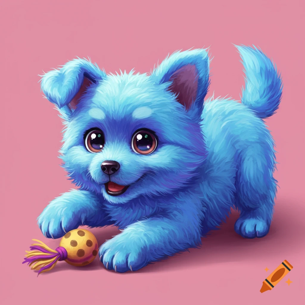 A cute, fluffy blue puppy playing with a yellow and purple toy ball on a pink background.