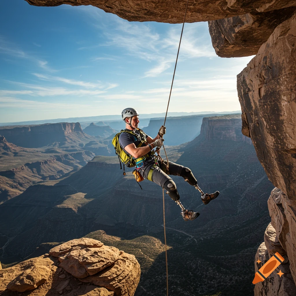 A person with prosthetic legs rappels down a rock face overlooking a vast canyon.