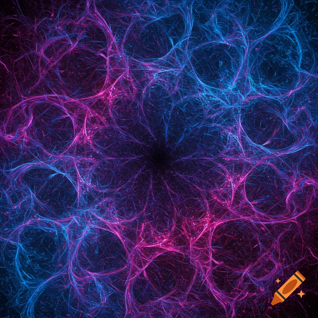 An intricate, swirling abstract pattern of blue and pink light trails on a dark background.