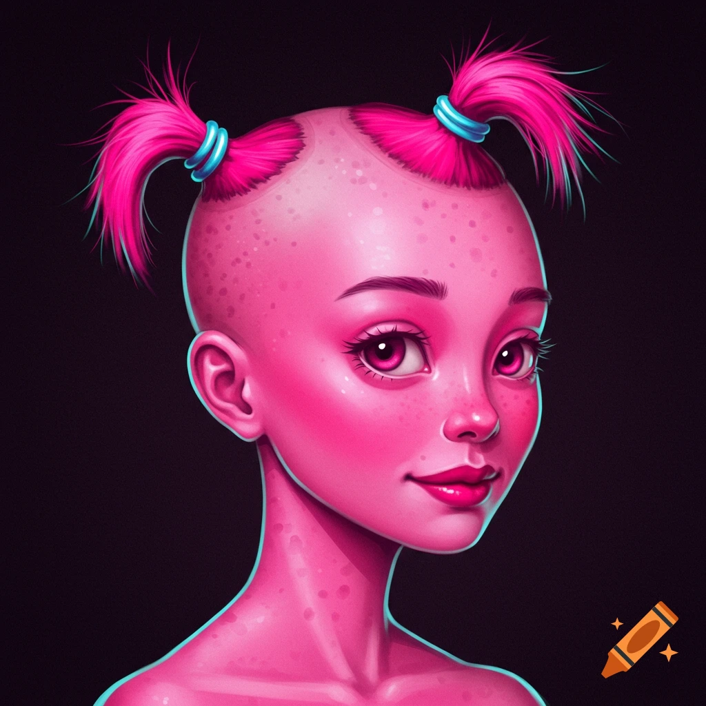 A pink-skinned person with bright pink pigtails and blue hair ties against a black background.