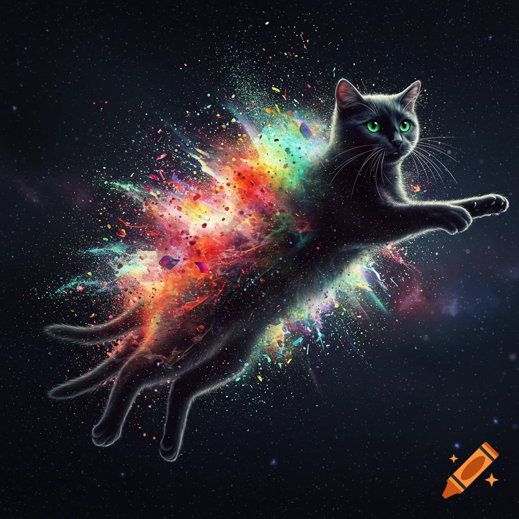 A black cat bursts into a colorful cosmic explosion in space.