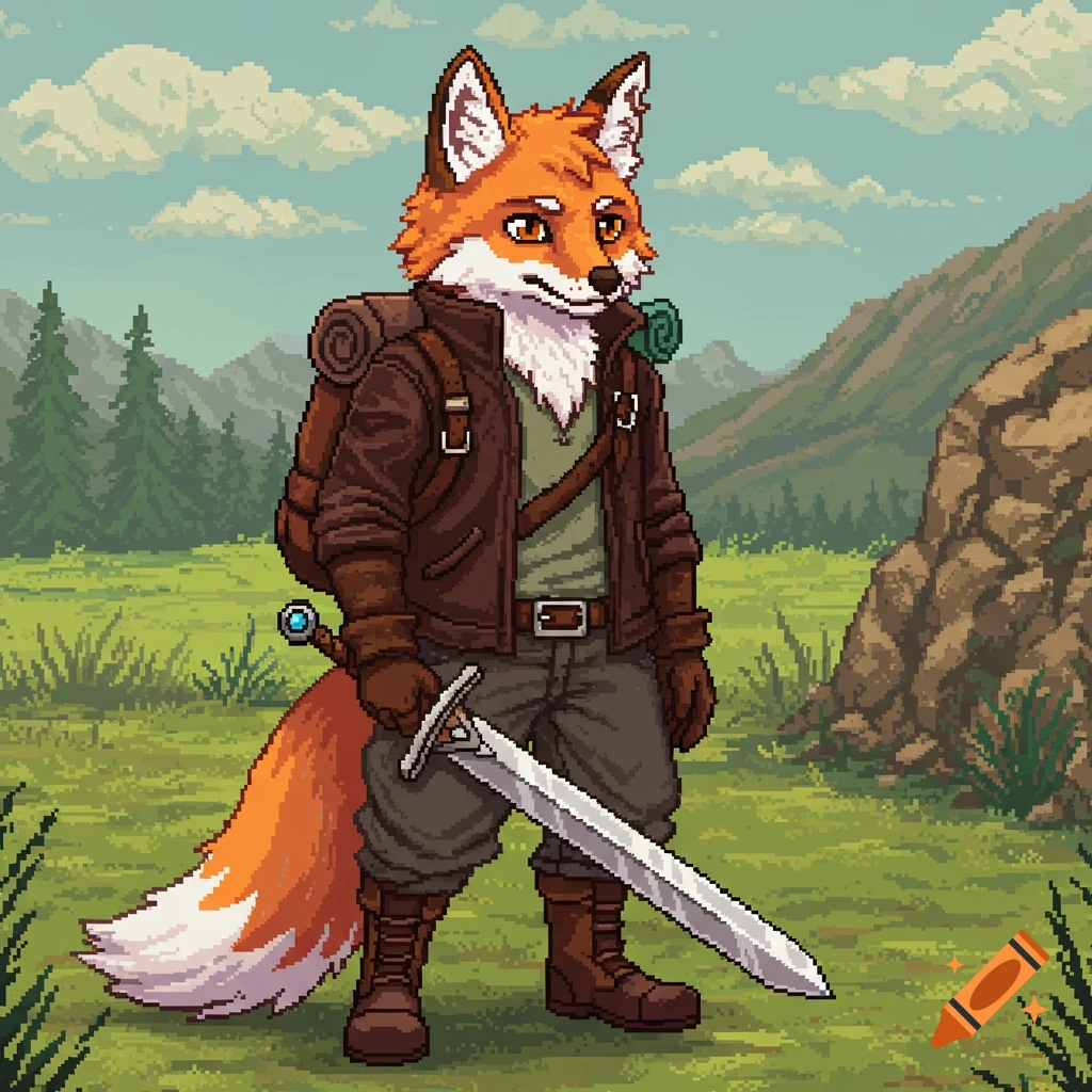 Pixel art fox adventurer in a field holding a sword