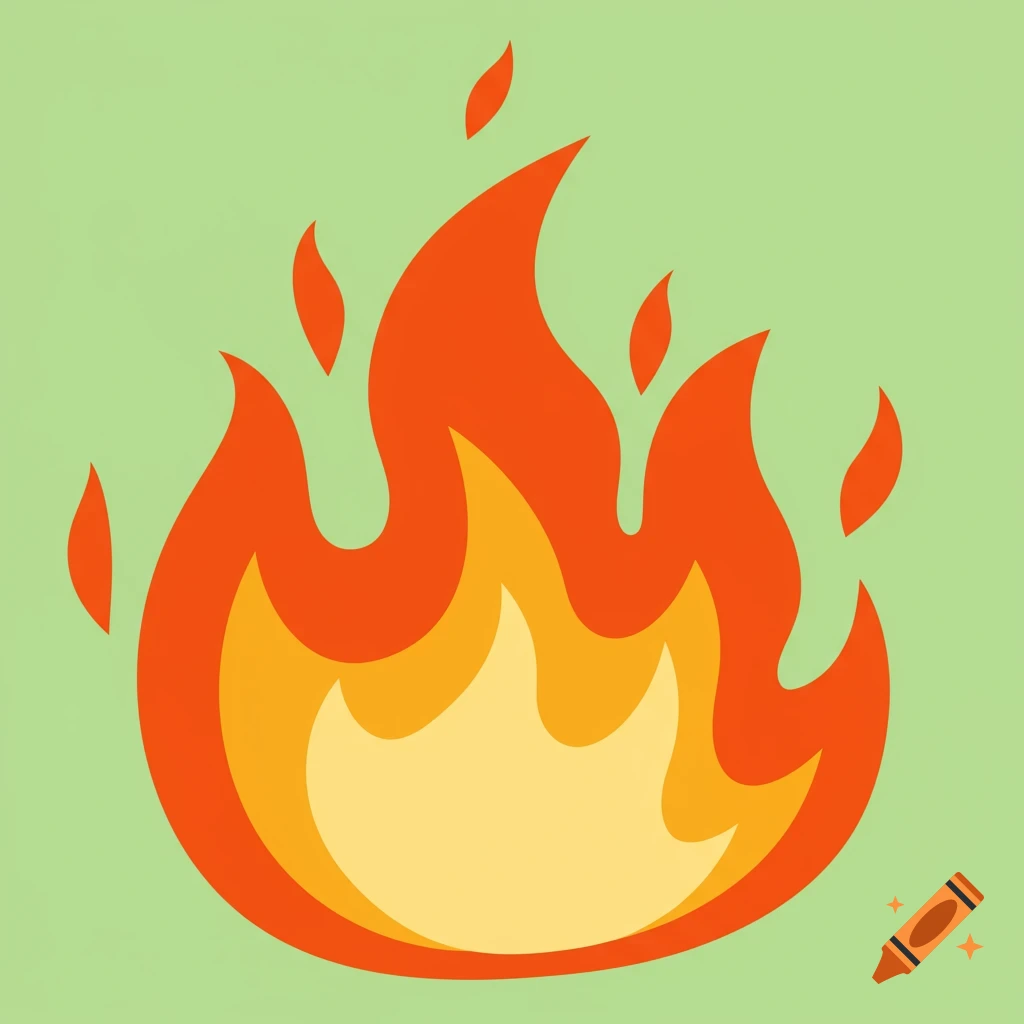 A simple cartoon illustration of a fire with red, orange, and yellow flames on a light green background.