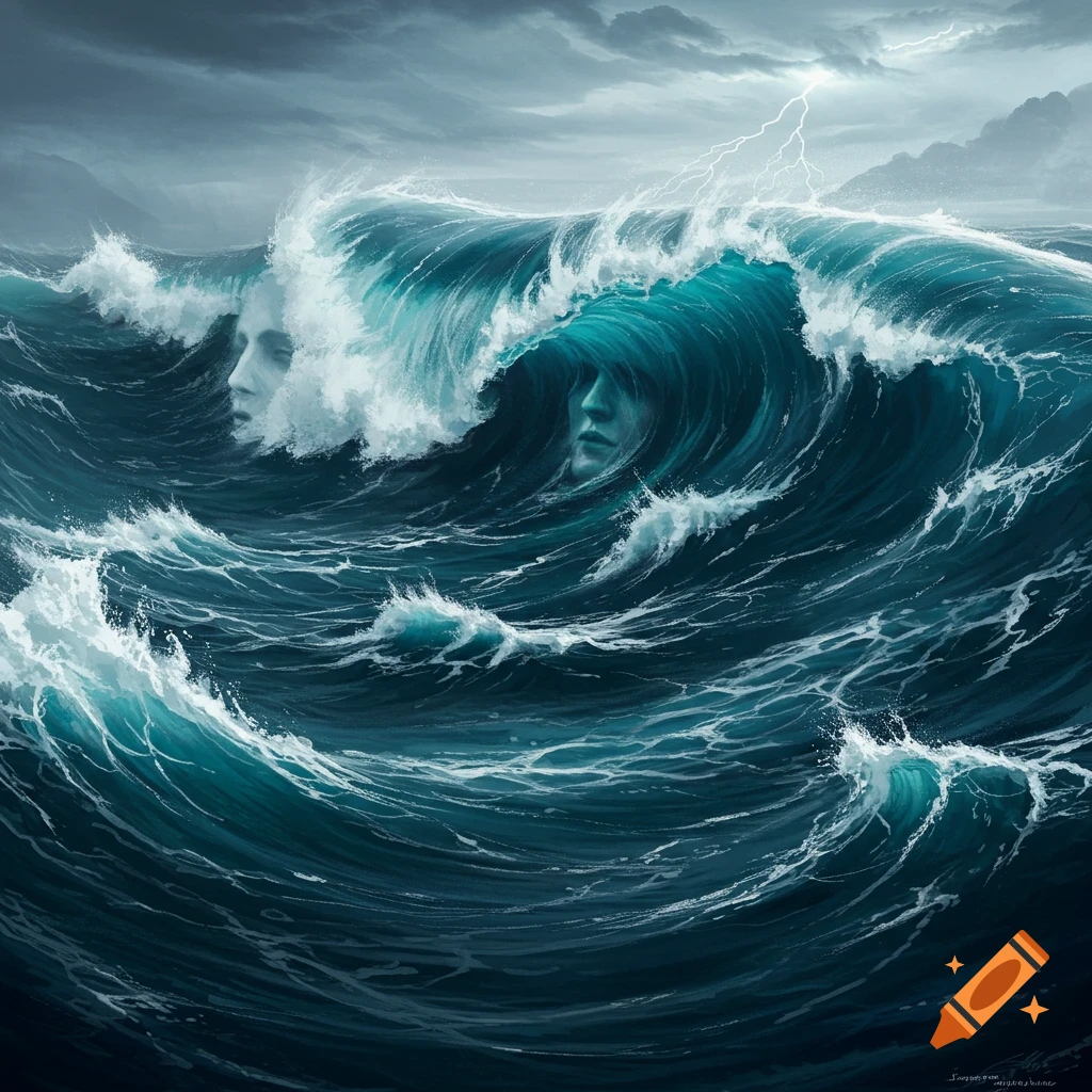 A stormy ocean with faces formed in the large waves