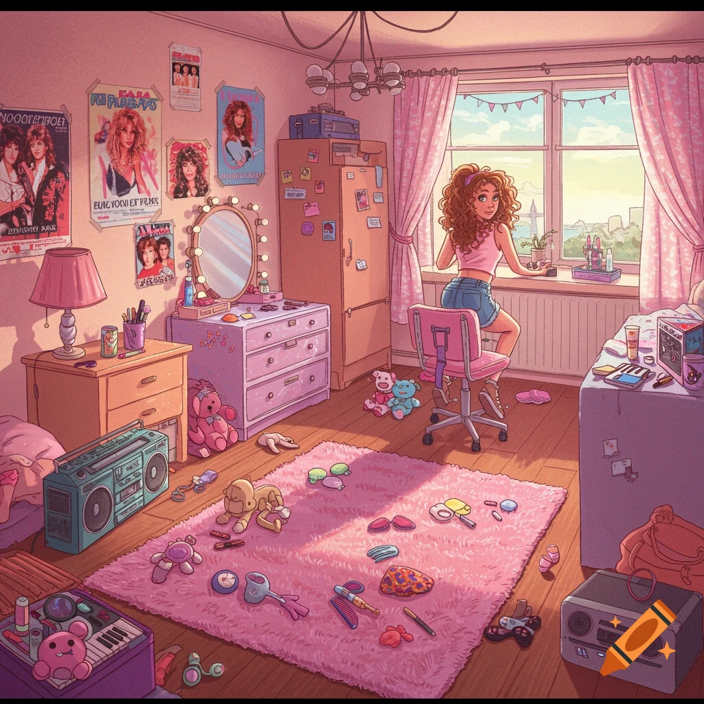 Cluttered 1980s teenage girl's bedroom with a girl sitting at a vanity by the window. Digital art.