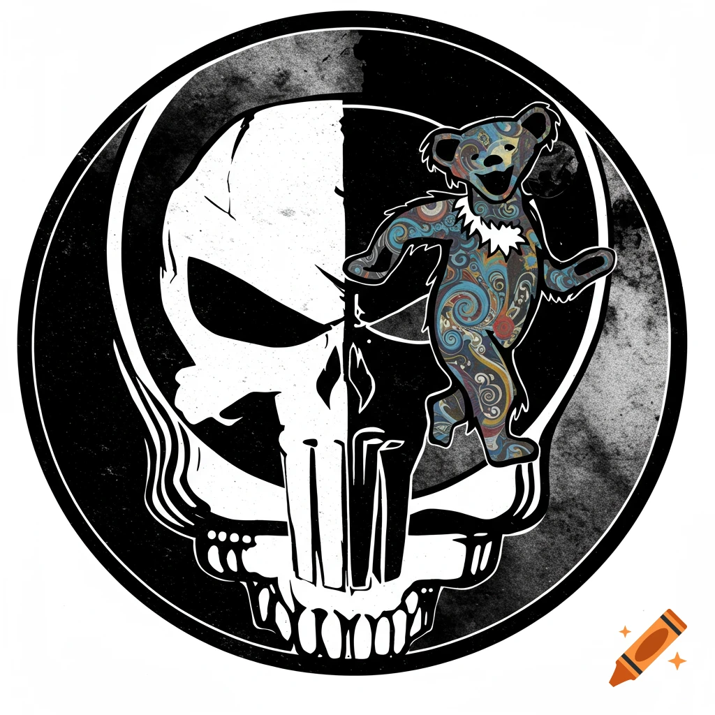 A black and white graphic logo of a skull split in half, with a dancing tie-dye bear overlapping it.