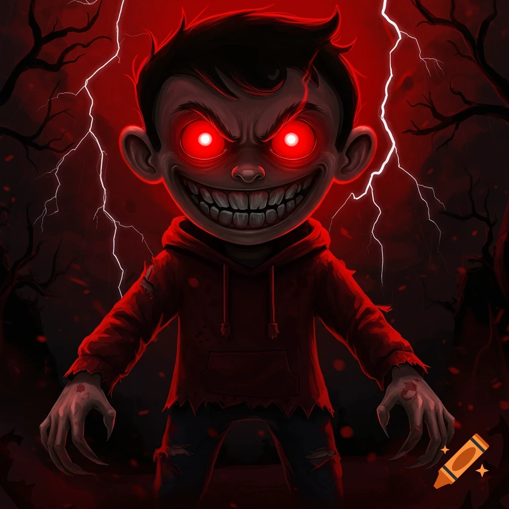 Stylized illustration of an evil child with glowing red eyes and sharp teeth in a dark forest with lightning.