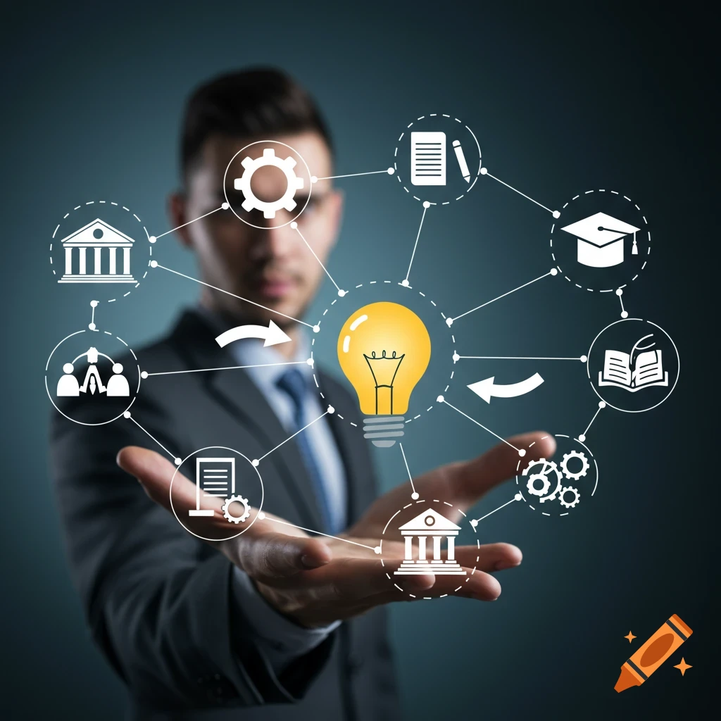 Businessman with network of concept icons and lightbulb