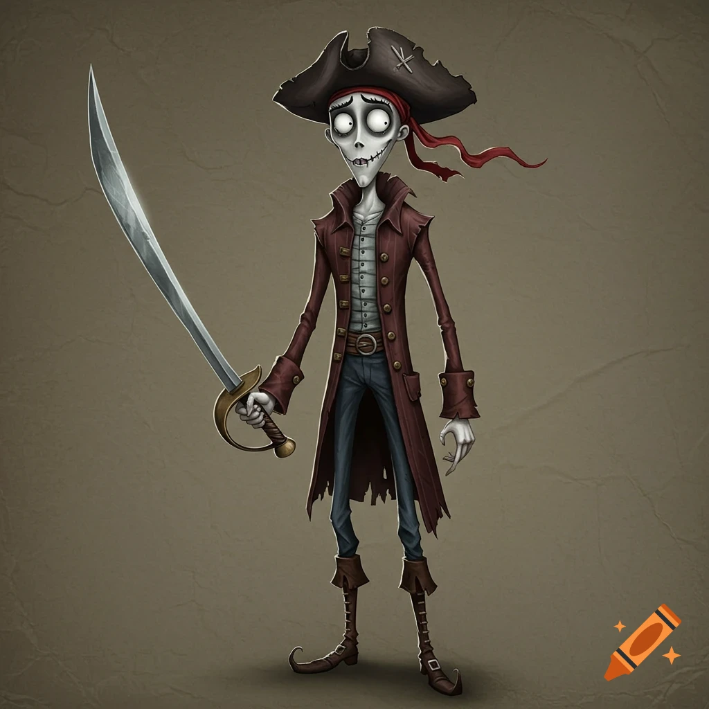 A stylized pirate character in Tim Burton style holding a sword.