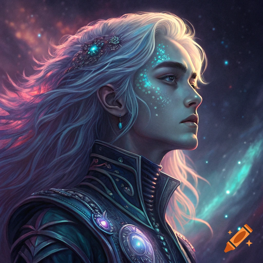 Portrait of a fantasy person with white hair, glitter, and ornate armor in space.