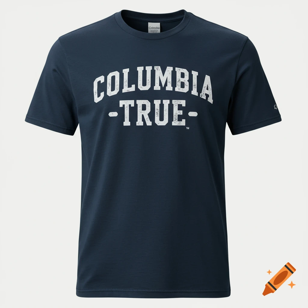 Navy blue t-shirt with white text 'COLUMBIA -TRUE-'