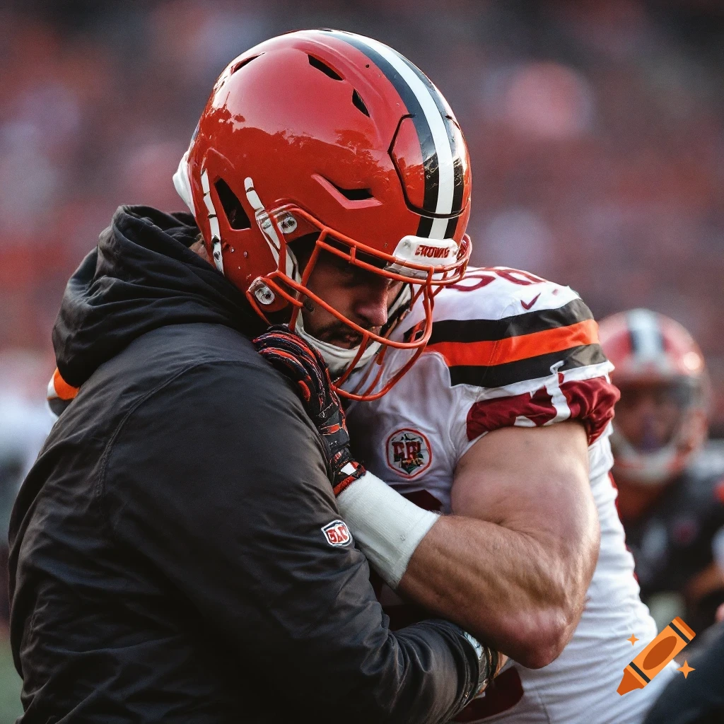 Two American football players in Cleveland Browns uniforms hug during a game.
