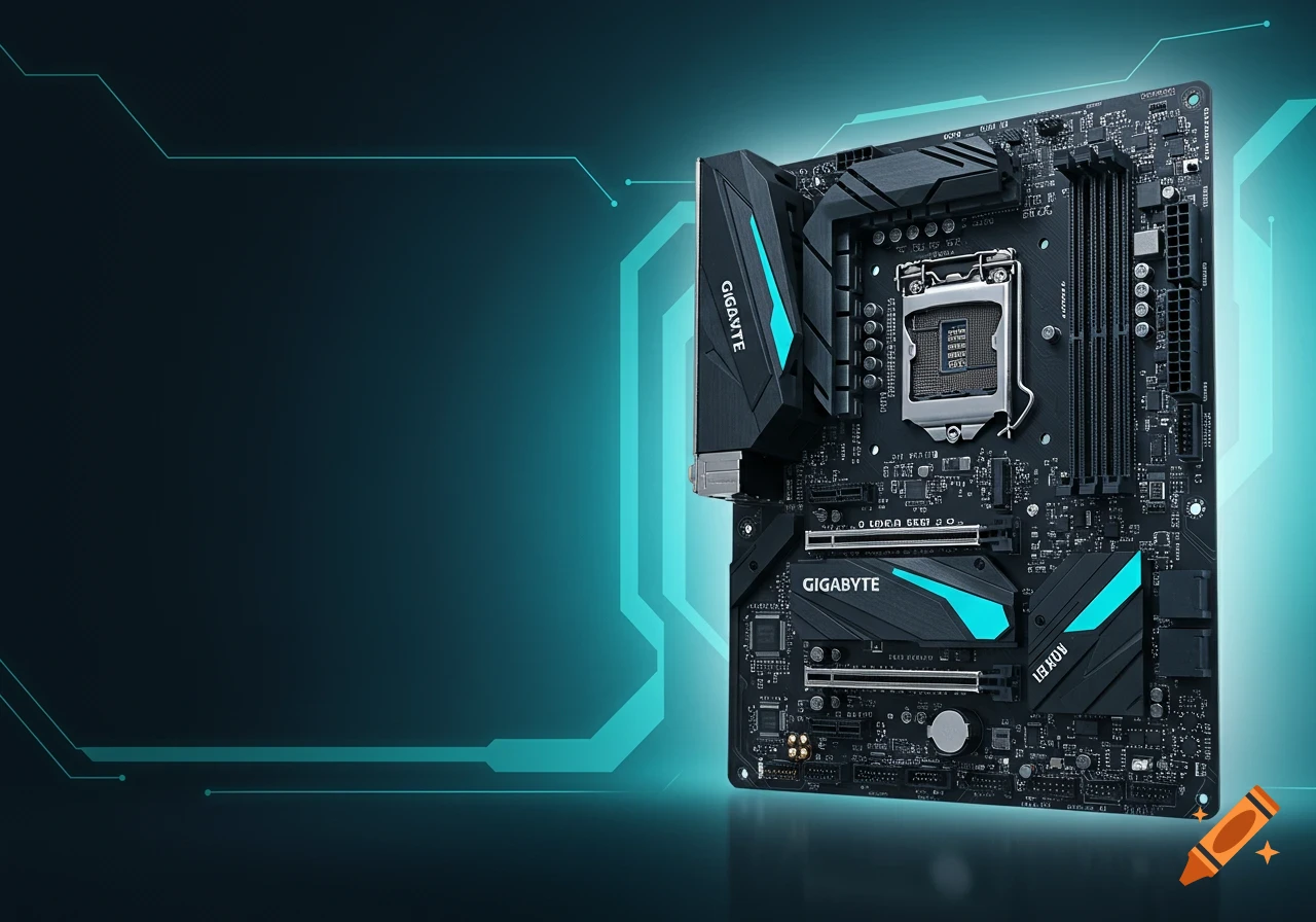 Detailed view of a black computer motherboard with blue highlights on a dark background with teal geometric shapes.