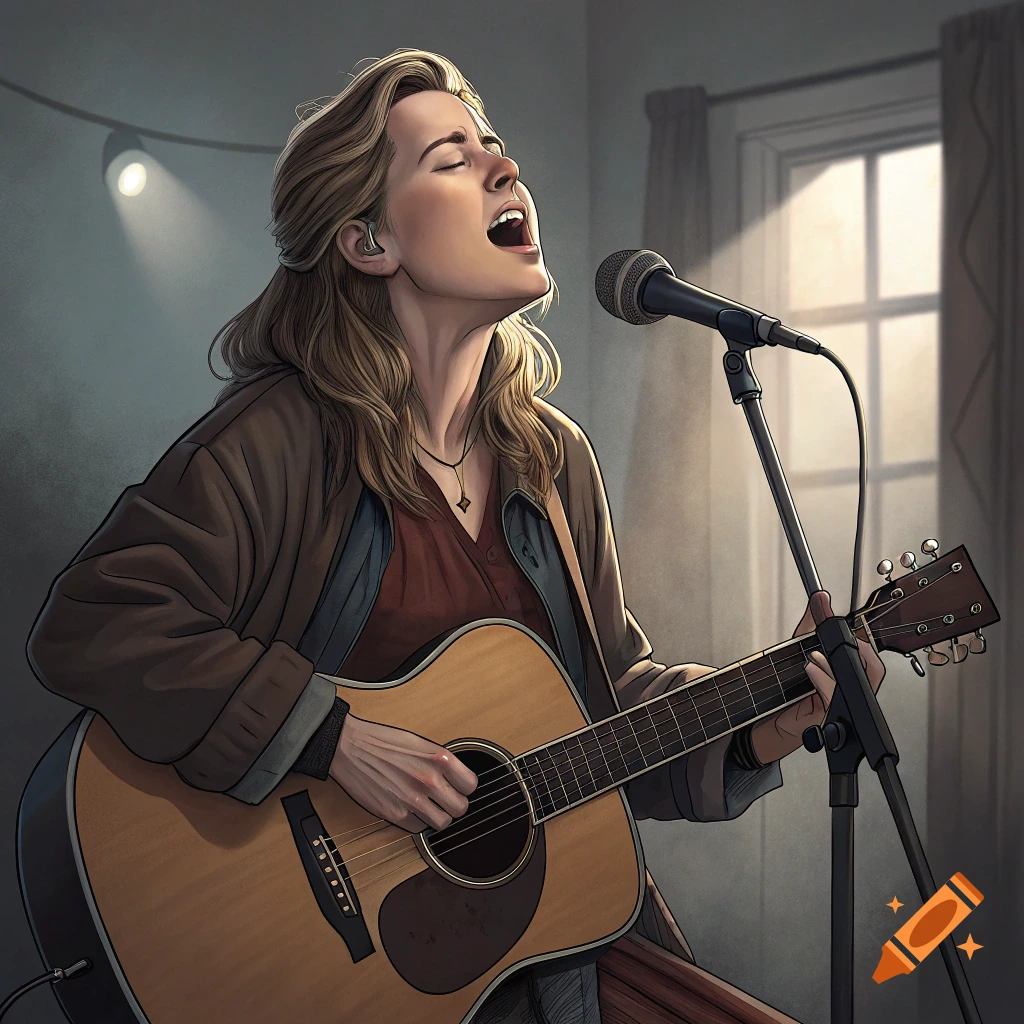 A woman sings into a microphone while playing an acoustic guitar.