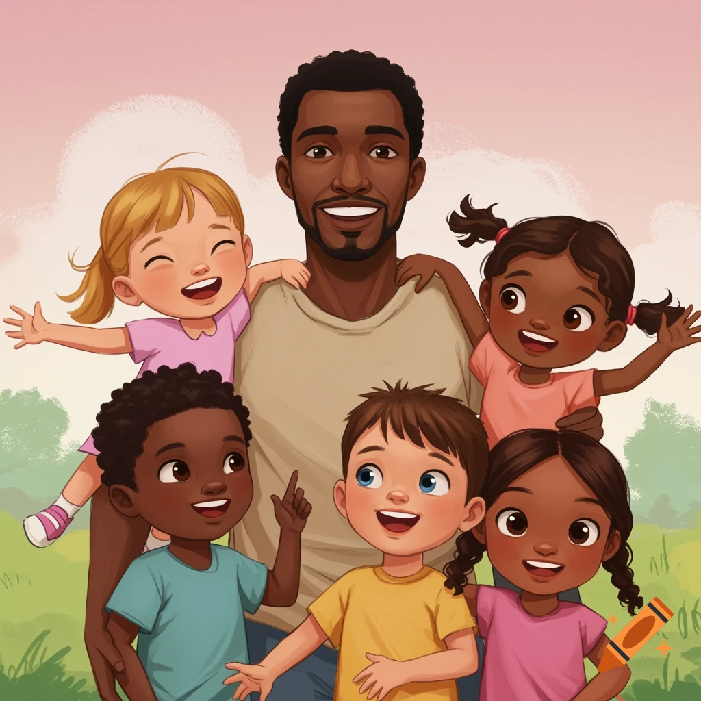 Smiling Black man with diverse children in a park, vibrant cartoon style.