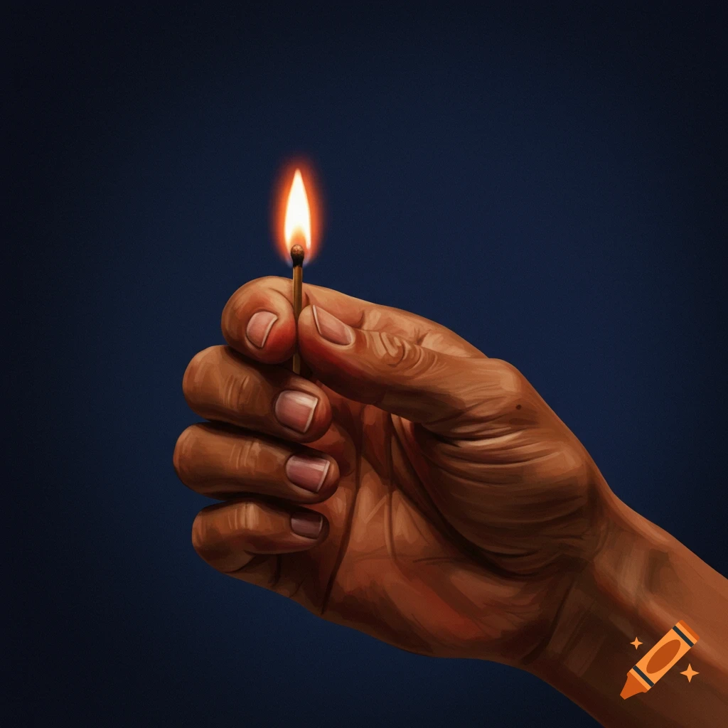 A hand holding a lit matchstick against a dark background.