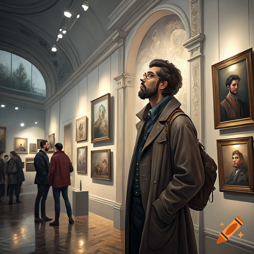 Man in trench coat looks at paintings in an art museum.