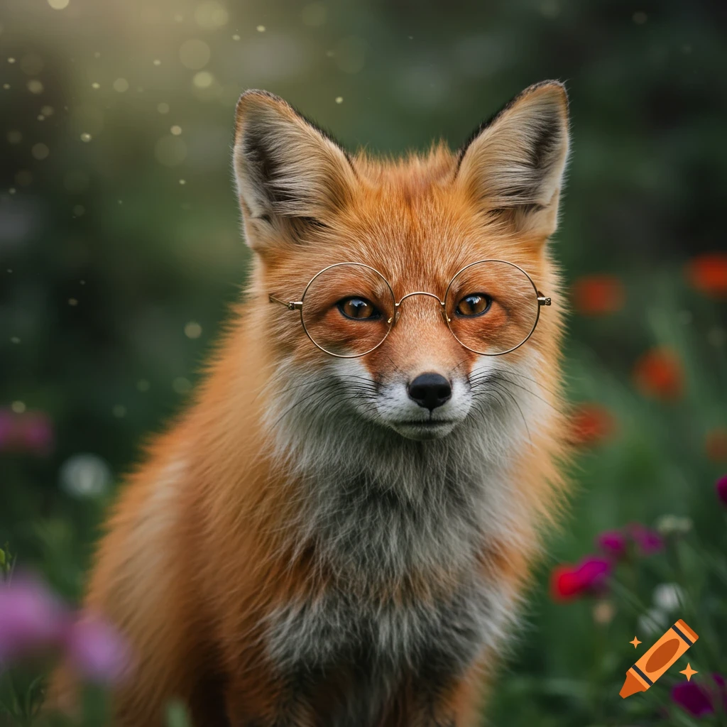A photorealistic image of a fox wearing round glasses sitting among flowers.