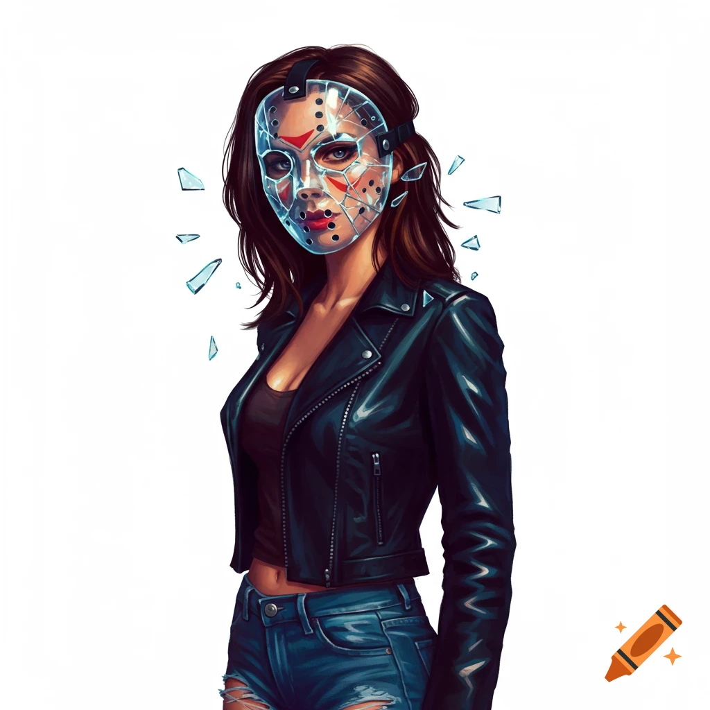 A woman wears a shattered glass hockey mask, leather jacket, and ripped jeans