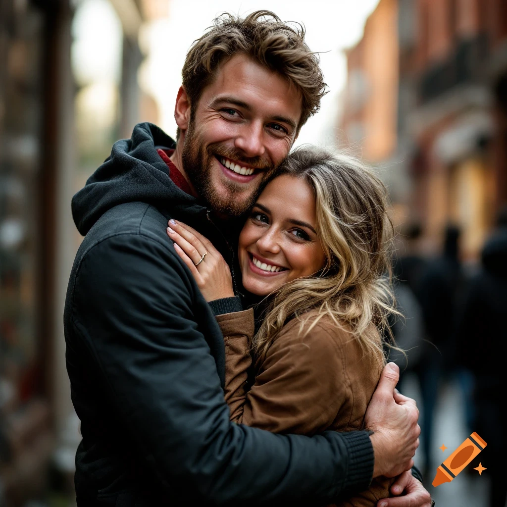 A happy couple hugs and smiles at the camera on a street.