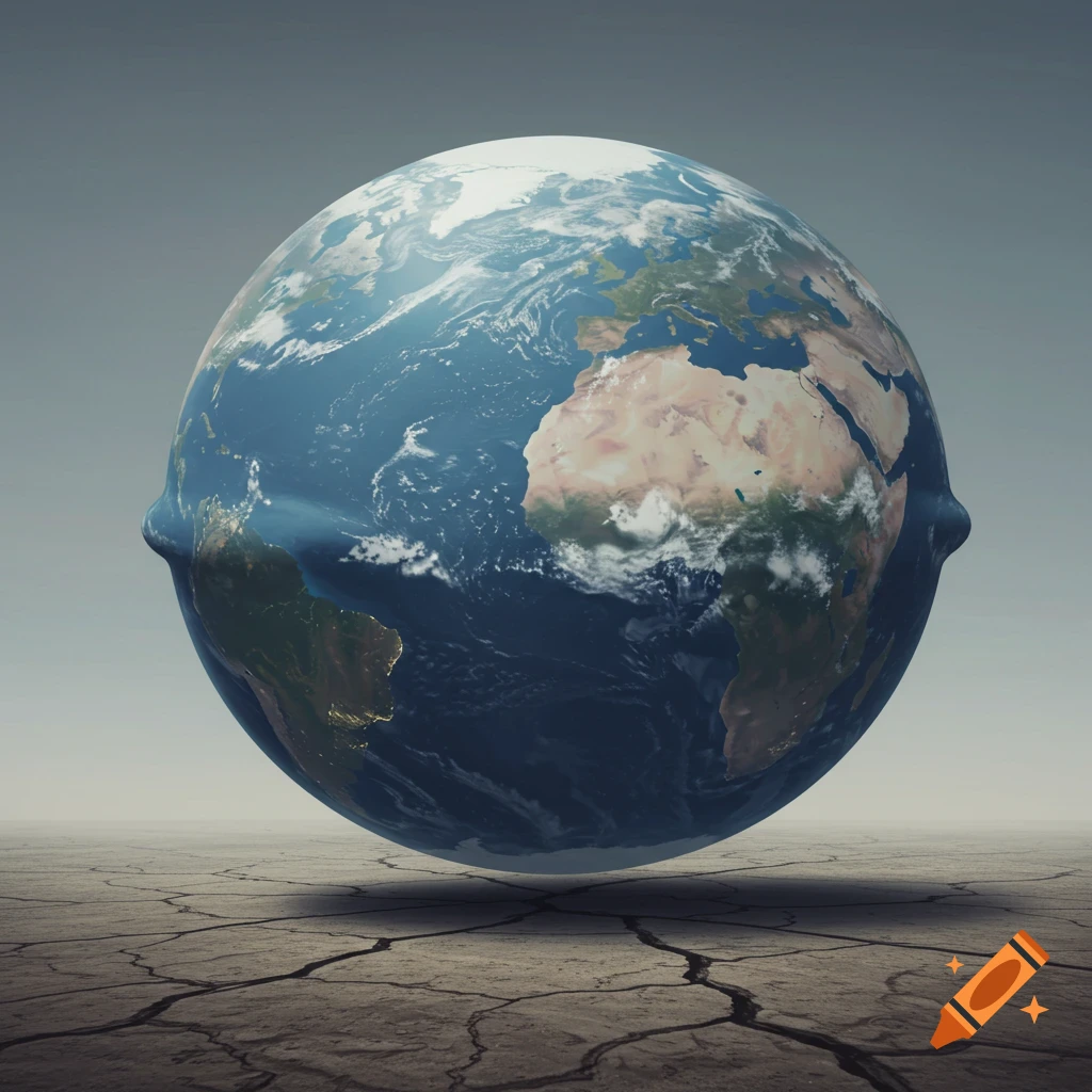 A deflated Earth floats above cracked, dry ground.