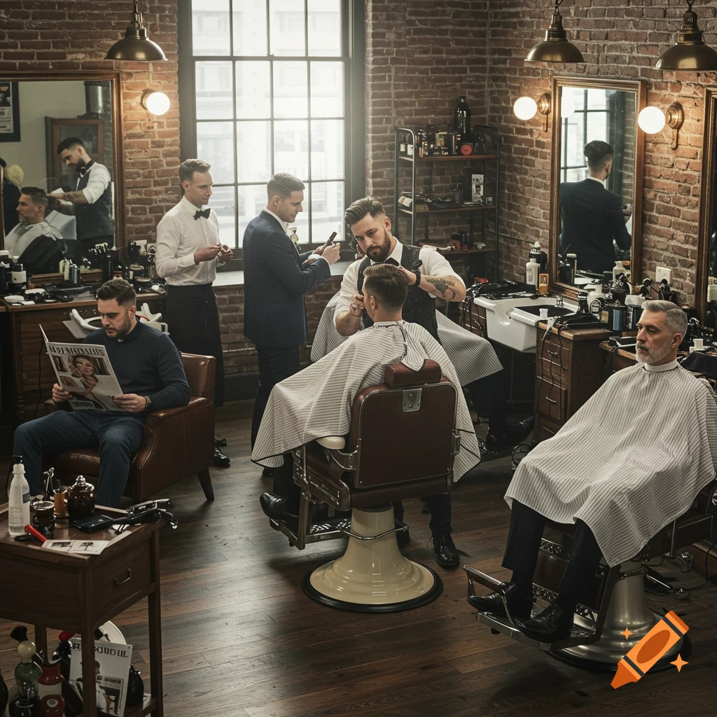 Photorealistic image of men in a bustling barbershop with barbers cutting hair and clients waiting.