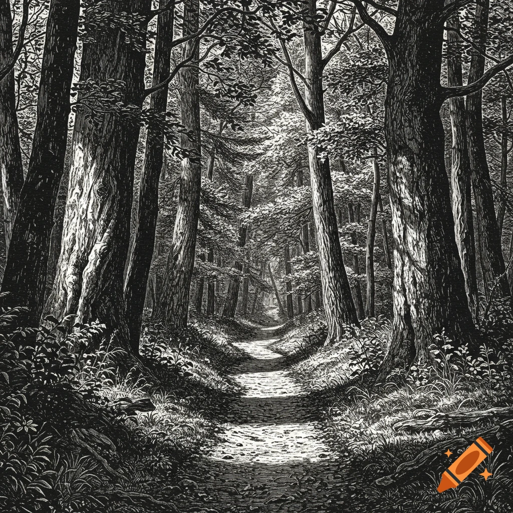 Black and white illustration of a winding forest path.