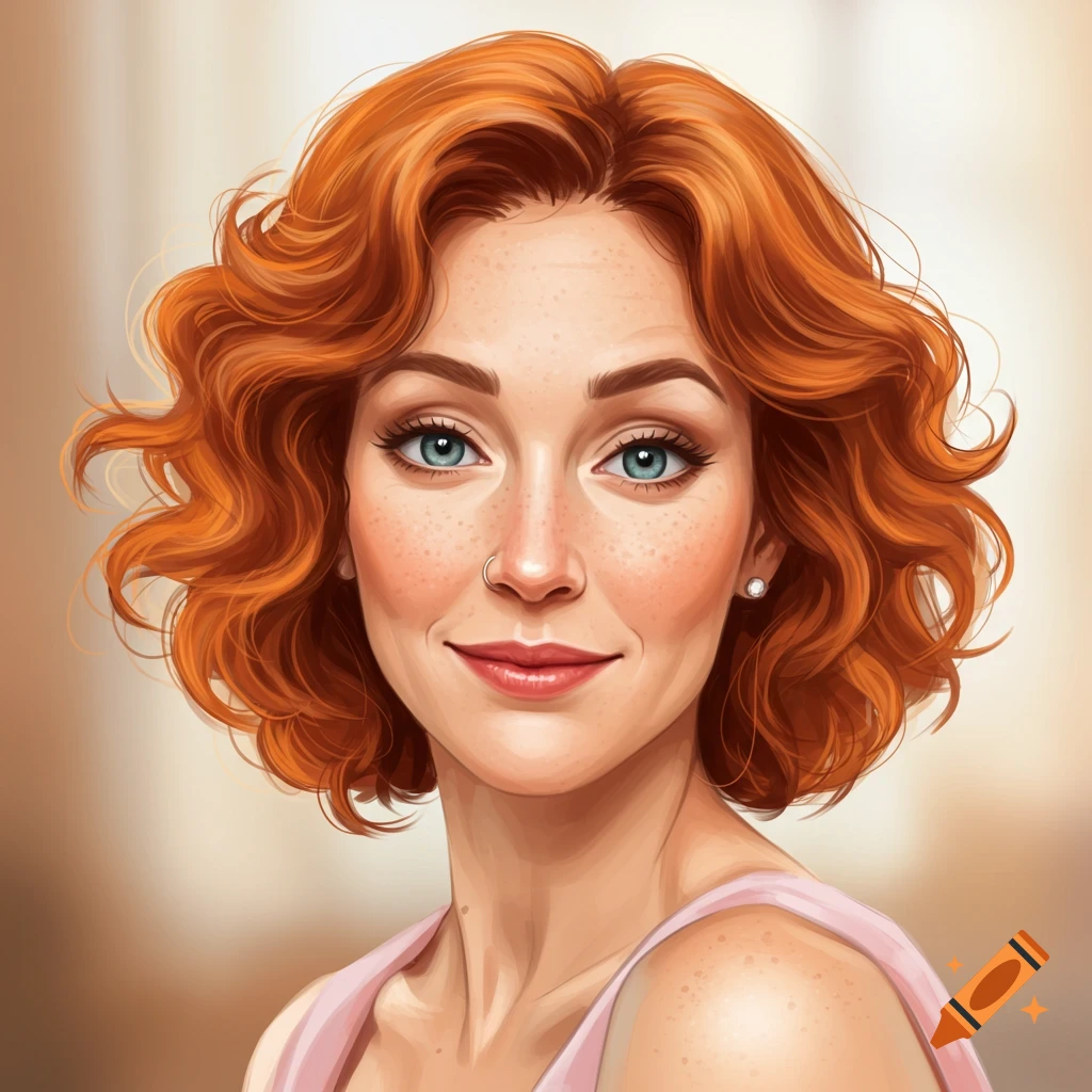 A woman with red hair and blue eyes.