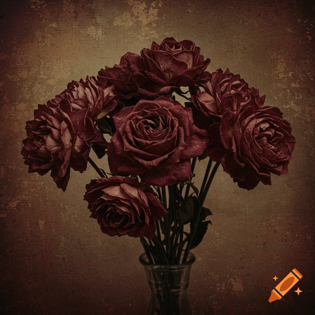 A vintage grunge image of a bouquet of deep red roses in a glass vase against a textured background.