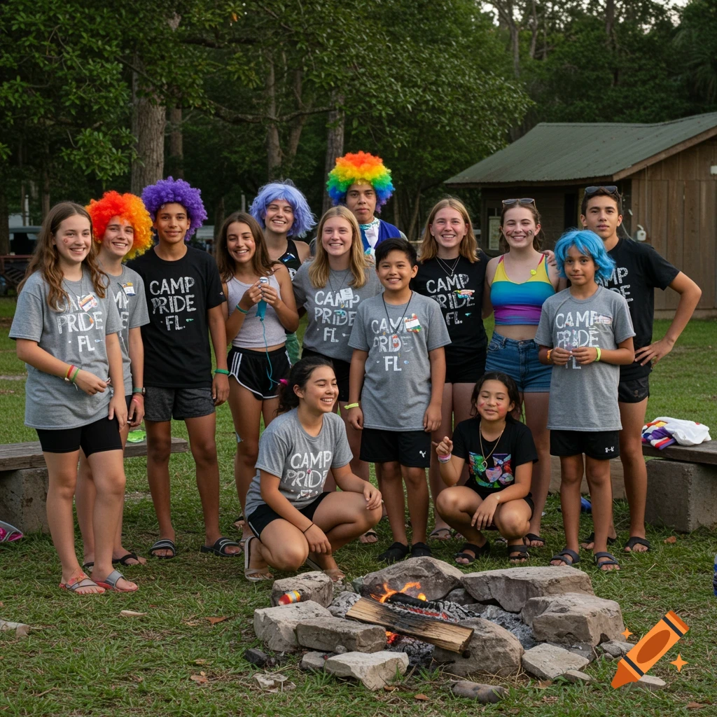 A diverse group of children, some with rainbow wigs, smiling around a campfire at a summer camp.