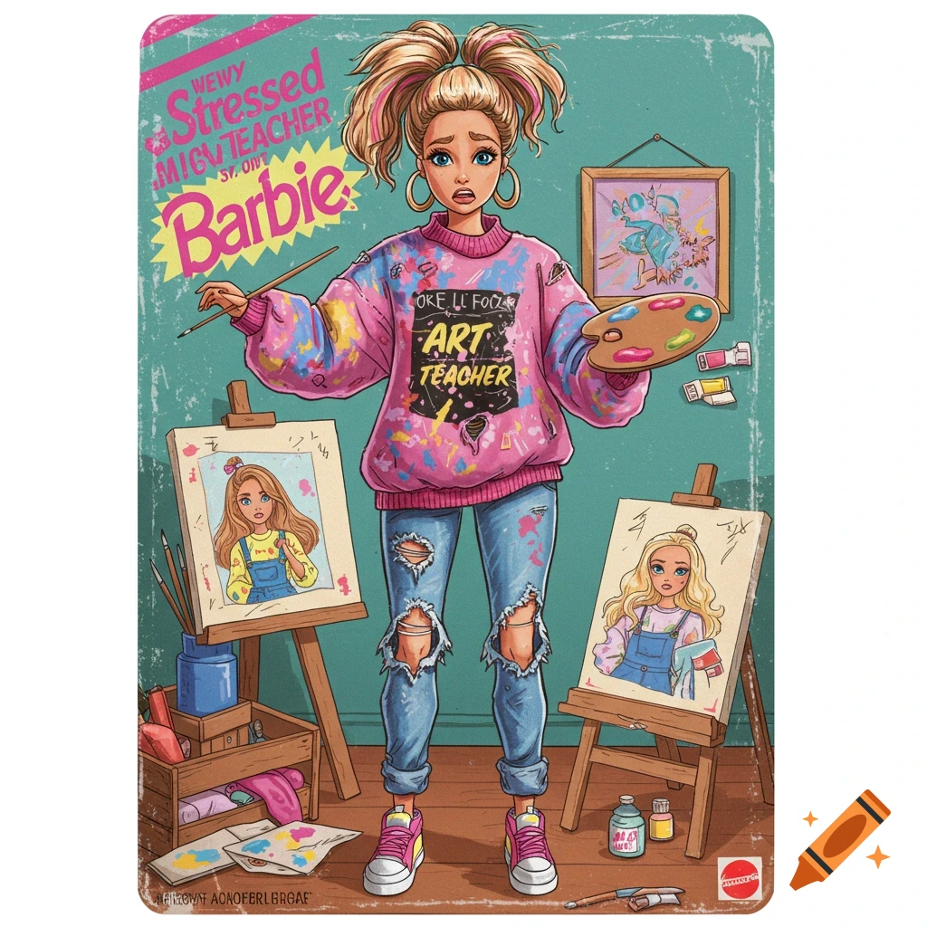 Stressed Art Teacher Barbie holding a brush and palette, standing between easels with paintings, in a distressed style like a toy box.