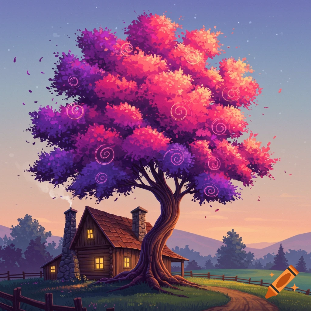 A vibrant, colorful tree next to a farmhouse in a landscape at twilight.