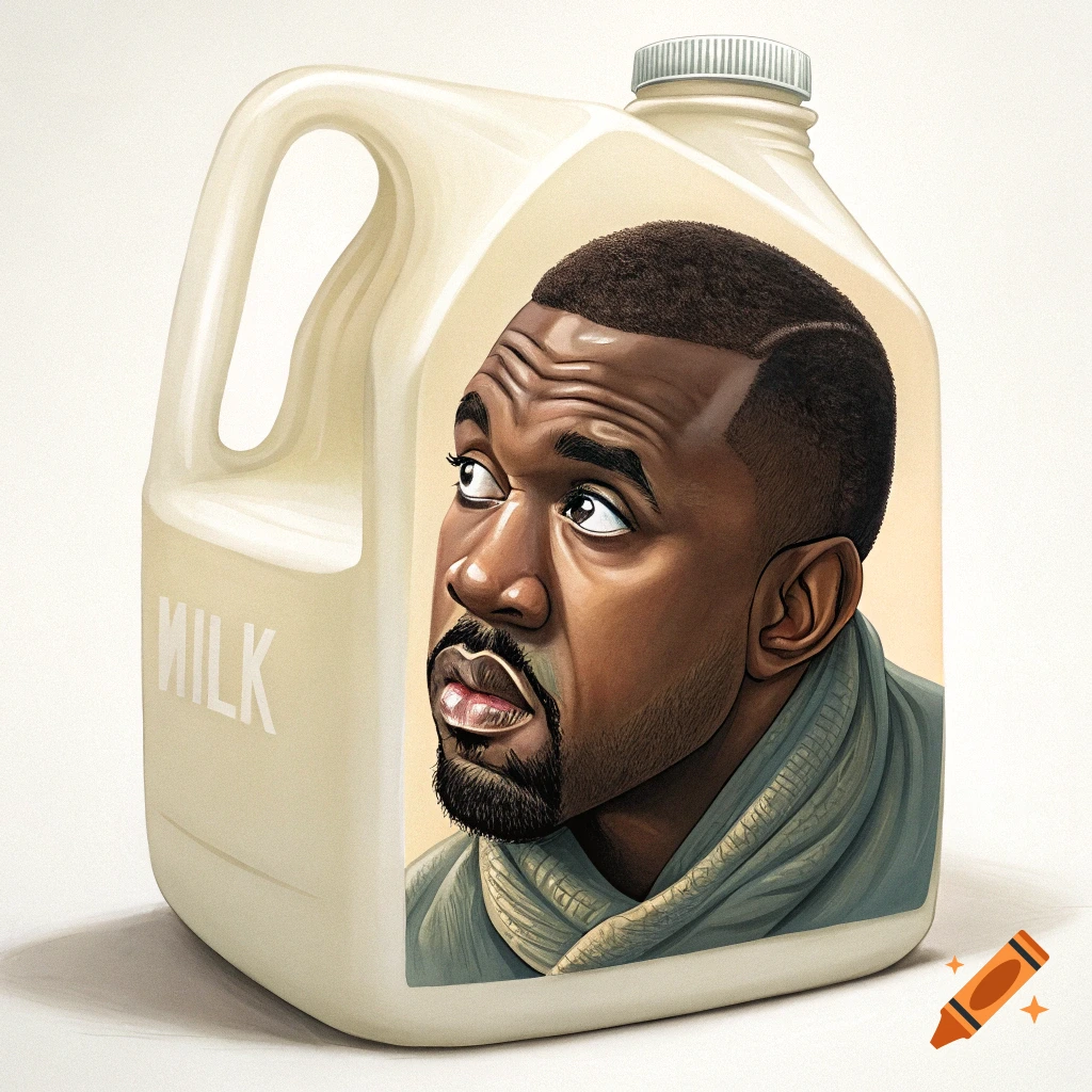 Illustration of Kanye West's face inside a milk jug with 'MILK' written on the side.