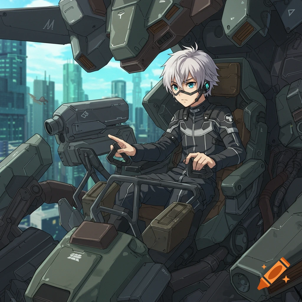Anime boy pilots a large mecha rig against a futuristic city skyline.