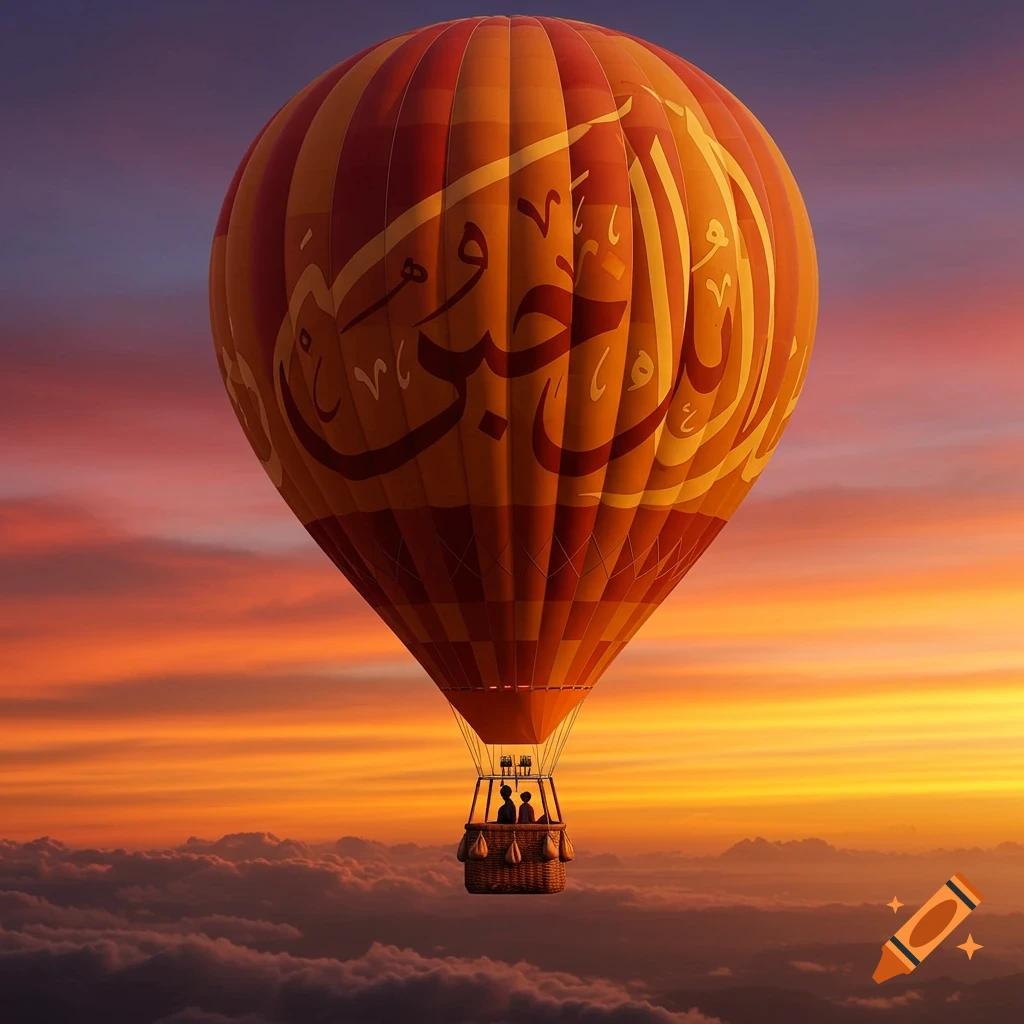 A hot air balloon with calligraphy flying over clouds at sunset.