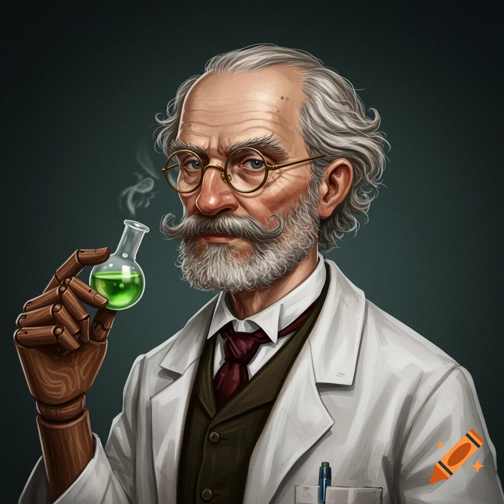 An old scientist with a wooden prosthetic hand holds a flask of green liquid.