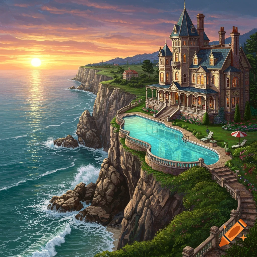 Victorian mansion with a pool on a cliff overlooking the ocean at sunset.