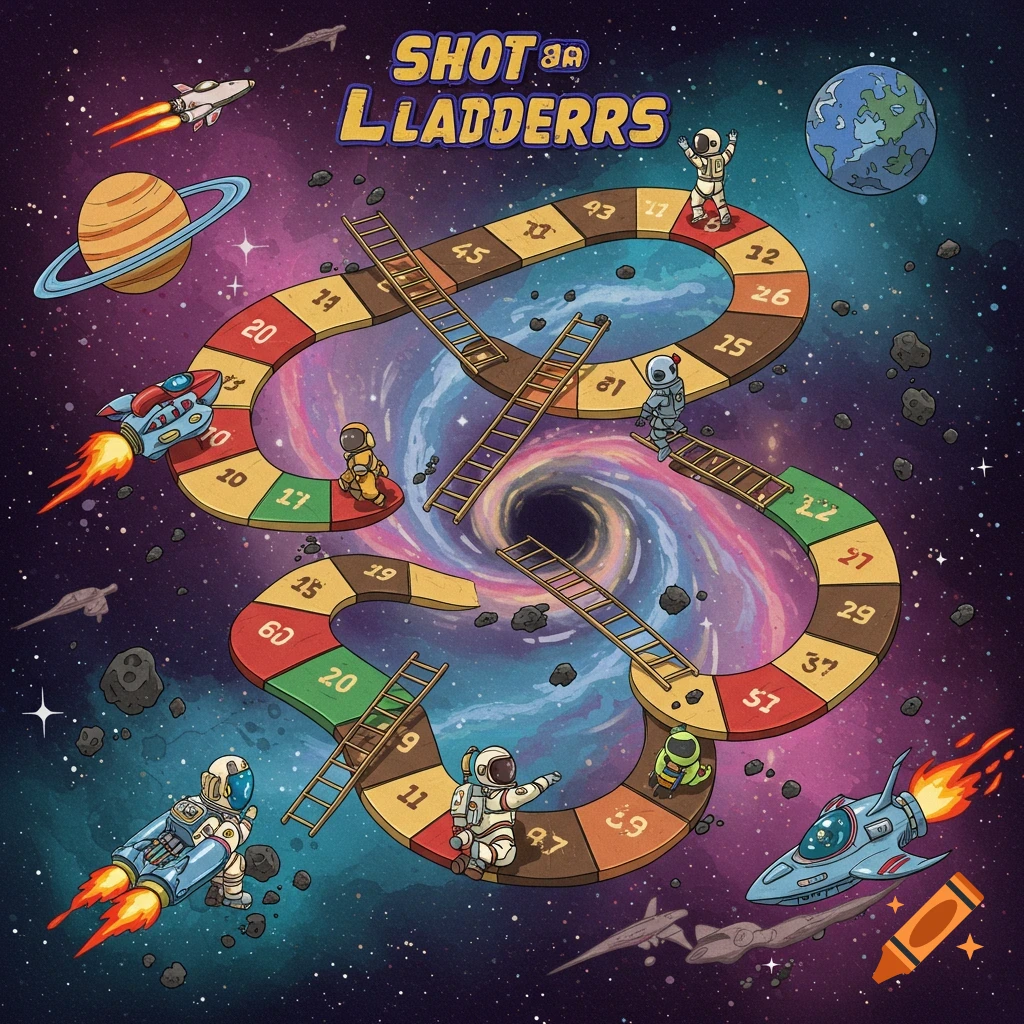 A space-themed board game like Chutes and Ladders with astronauts, rockets, planets, and a black hole.