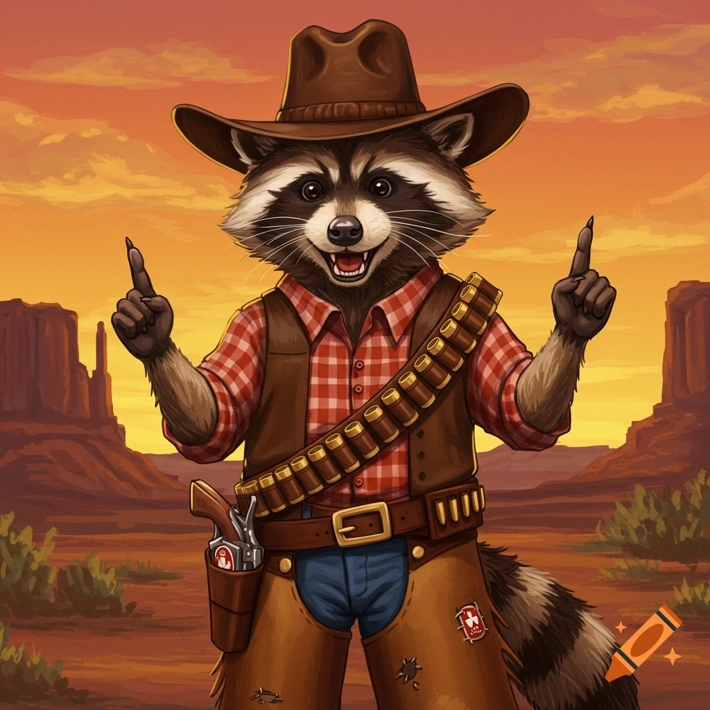 Cartoon raccoon in cowboy hat, vest, and plaid shirt pointing up in desert sunset.