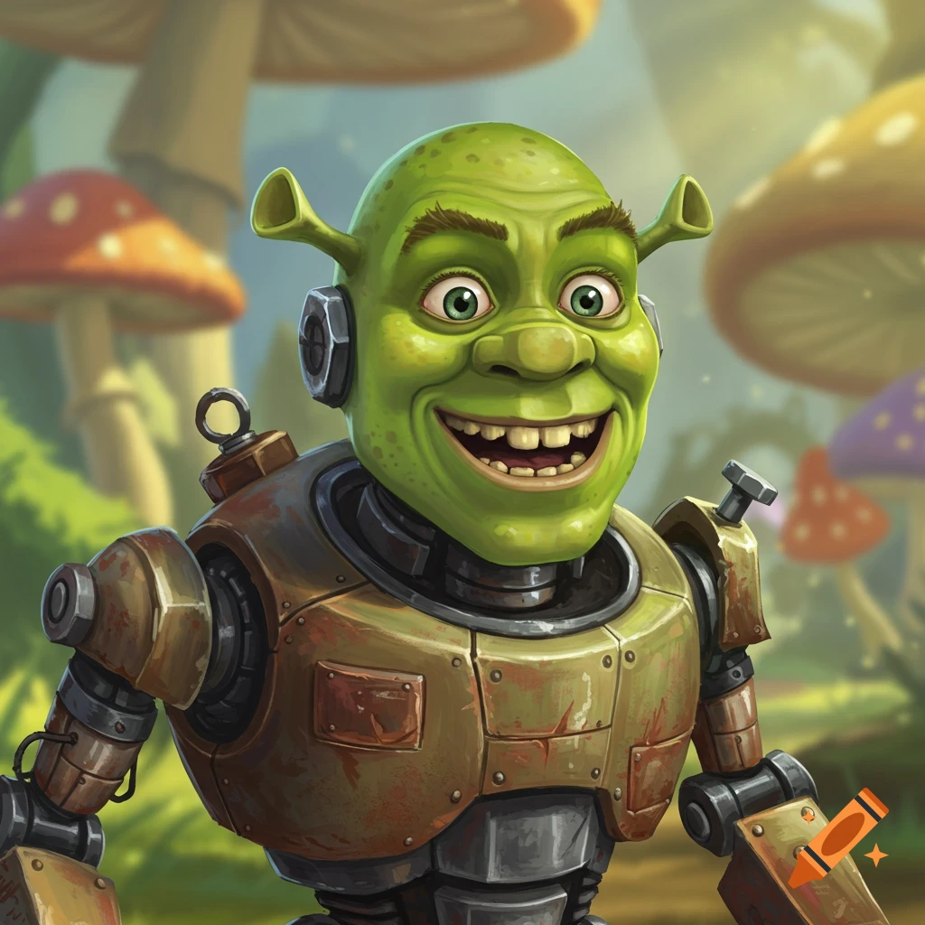 Shrek as a robot in a mushroom forest.