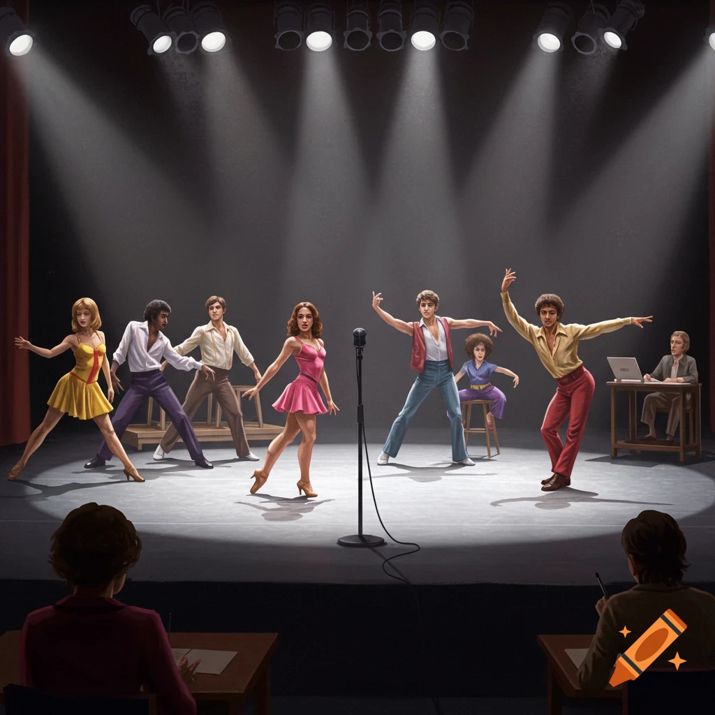 A group of dancers auditions on a stage in 1977 for a panel of judges.