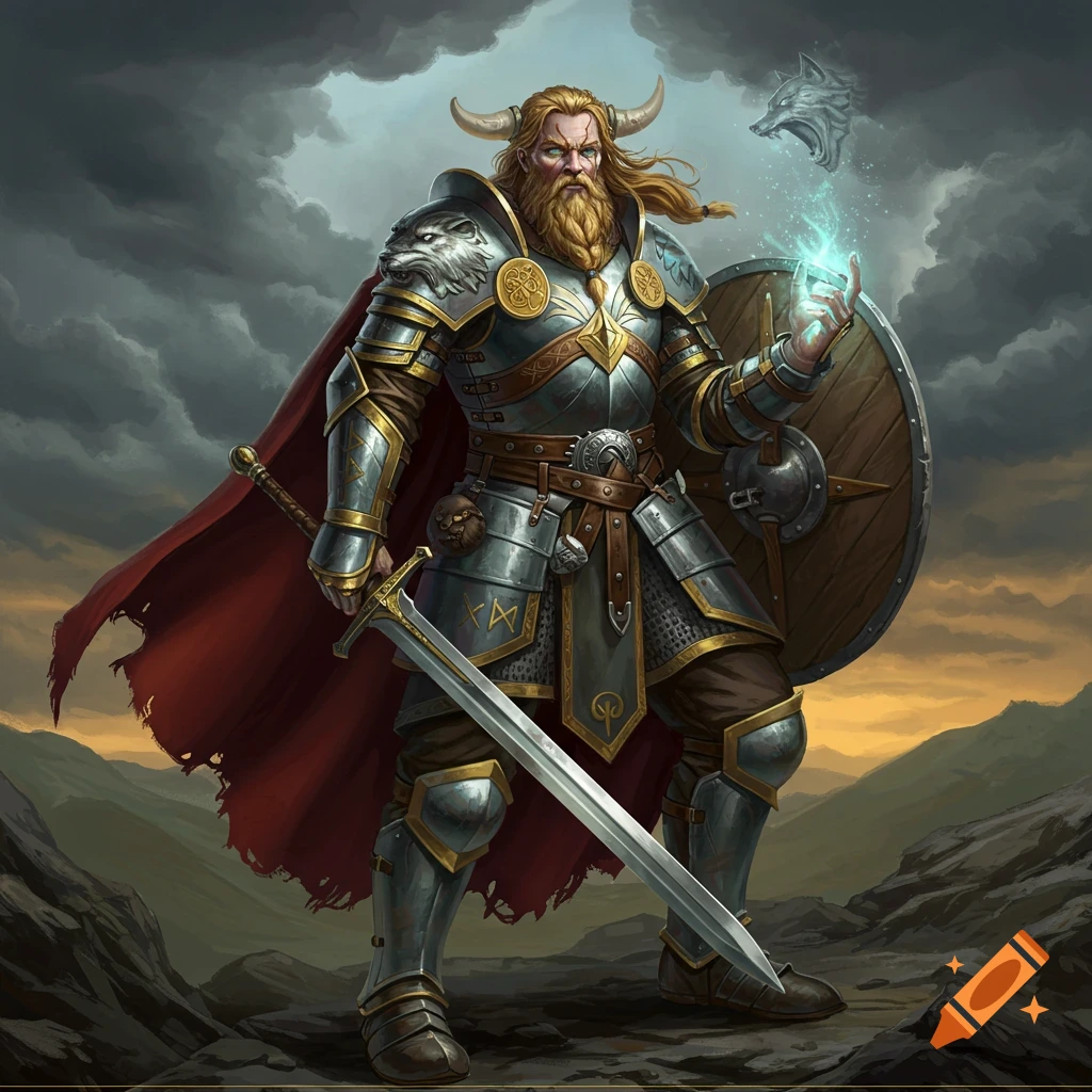 A Viking-like knight in ornate armor, holding a sword and shield, with a magical wolf head.