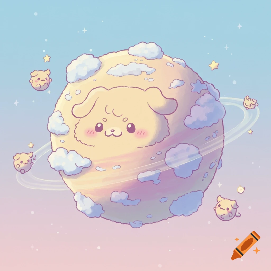 A cute cartoon planet designed like the character Chiikawa, with clouds, rings, and orbiting smaller Chiikawas in space.