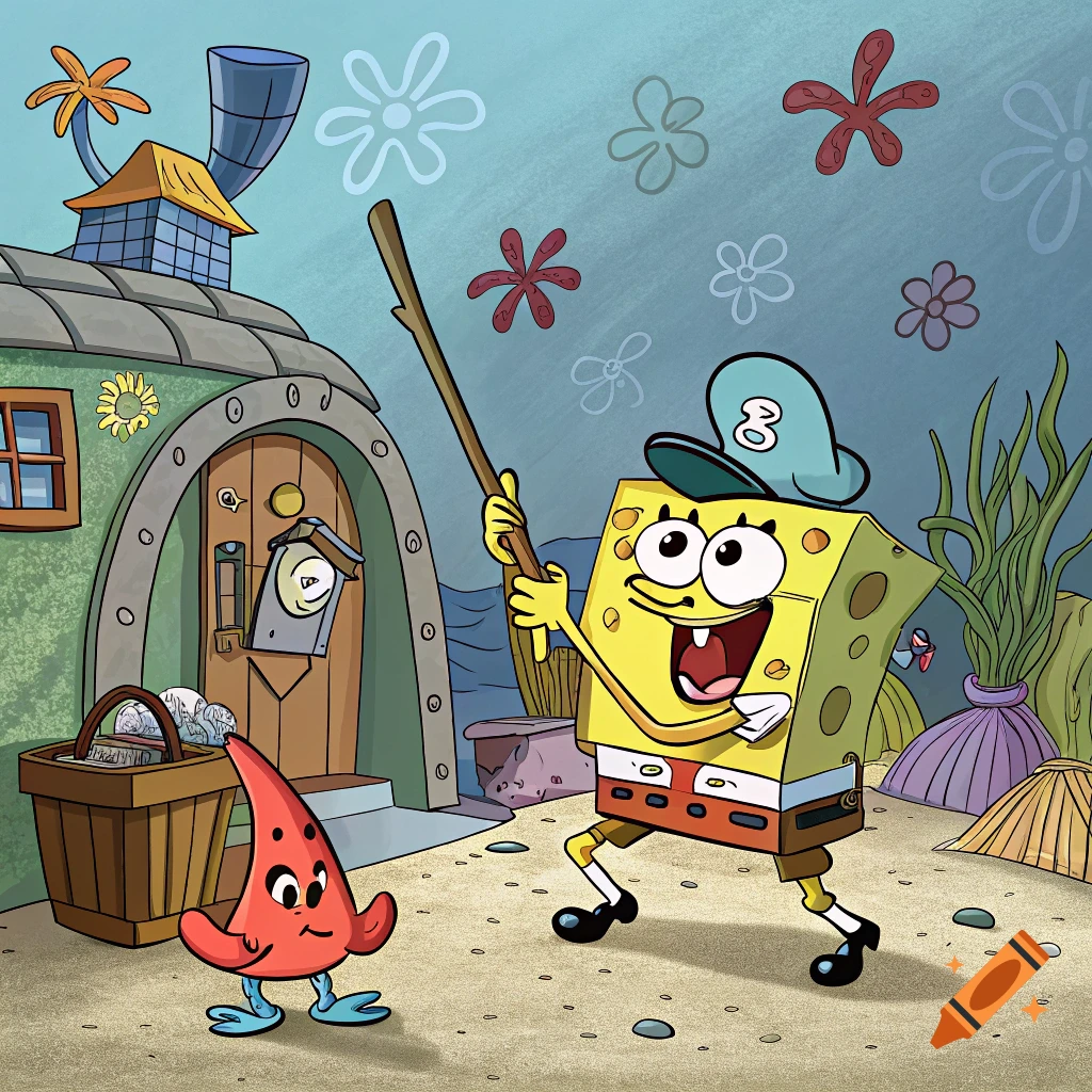 Cartoon of SpongeBob holding a stick like a bat, standing near Patrick and a trash basket outside a house.