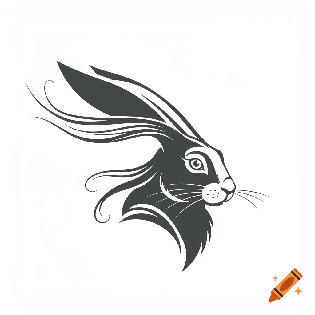 Minimalist black and white logo of a hare's head with long, flowing ears.