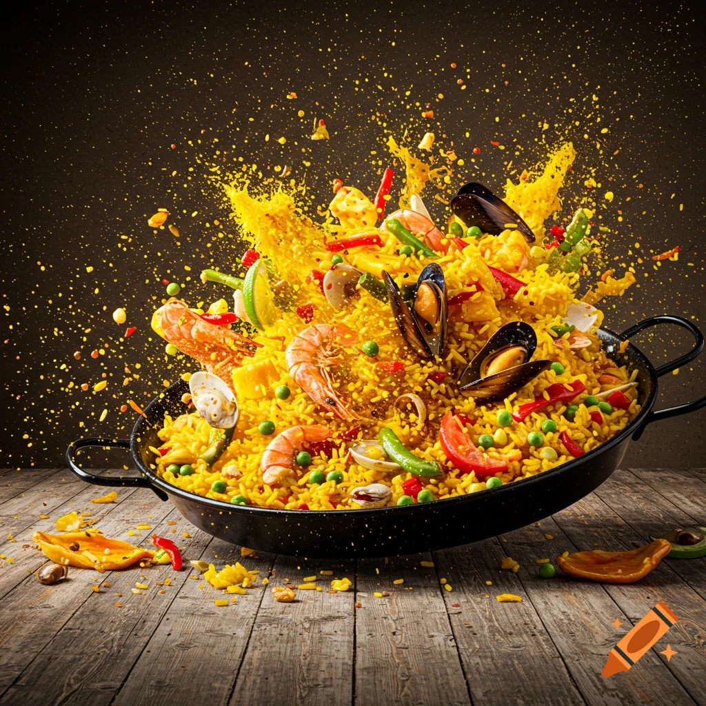 Photorealistic paella splashing from a pan with food flying onto a wooden surface.