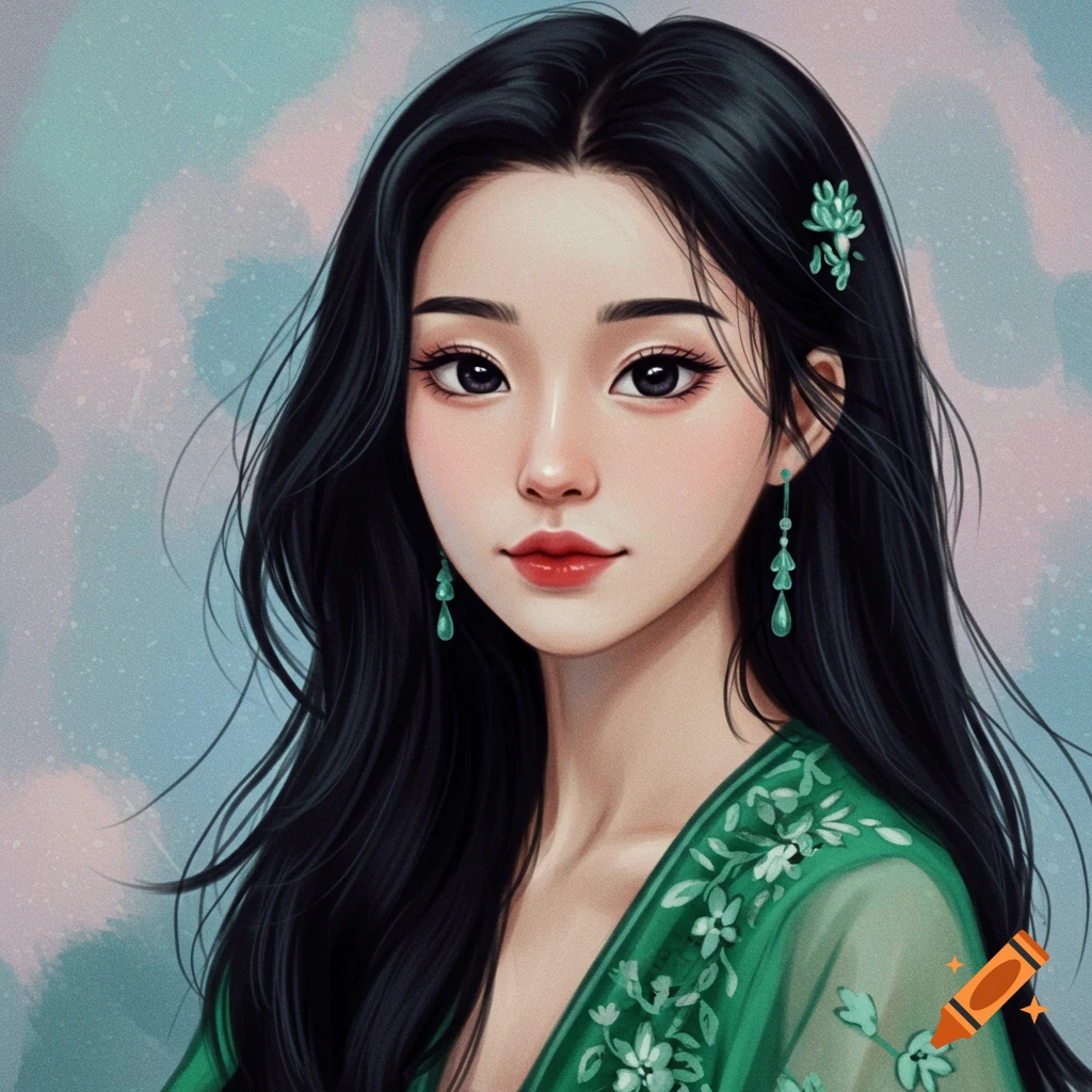 A woman with long dark hair, green earrings, and a green dress against a blue and pink background.