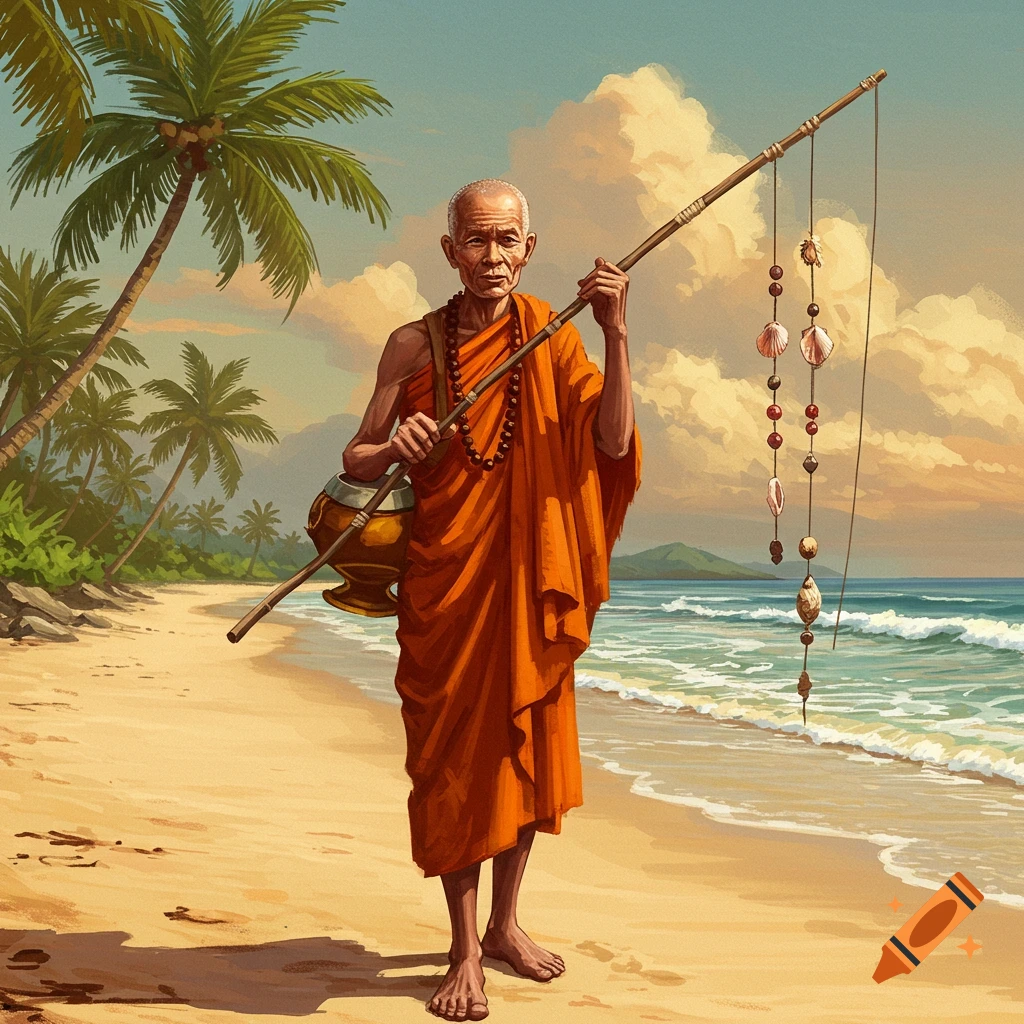 An elderly monk in orange robes stands on a tropical beach, holding a staff decorated with shells, in a painting style.