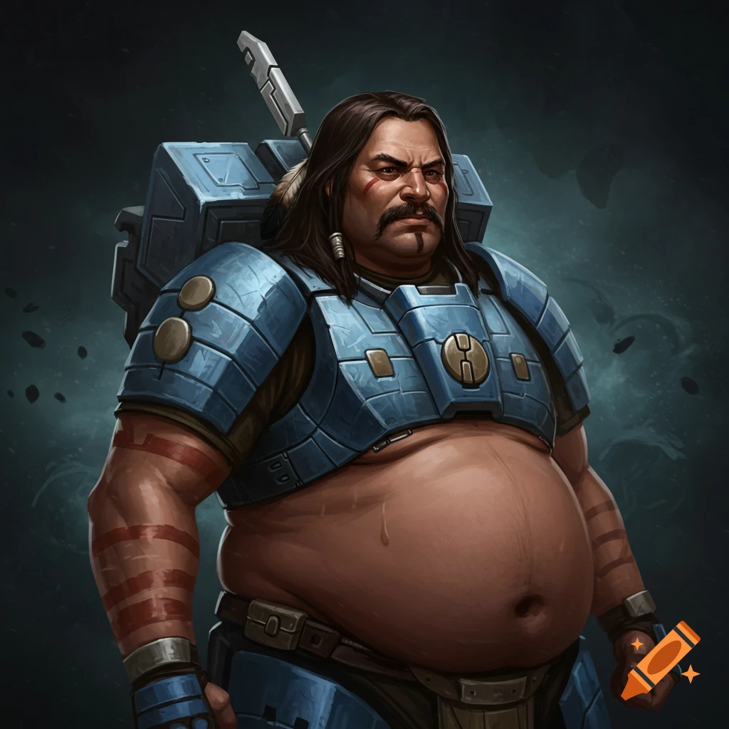 A heavily built man with long dark hair and mustache, wearing blue sci-fi armor with his stomach exposed.