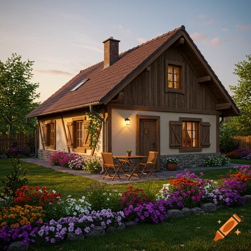 A small house with a garden and outdoor seating at sunset, photorealistic.